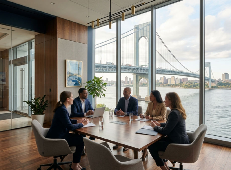 Consultants in a client meeting in a boardroom overlooking a bridge