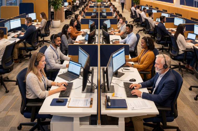BPO operations floor with agents working at headset workstations