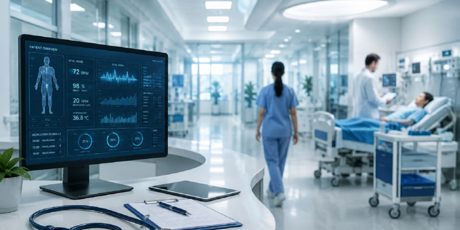 Hospital ward with a patient vitals dashboard at the nurses station, representing healthcare recruitment