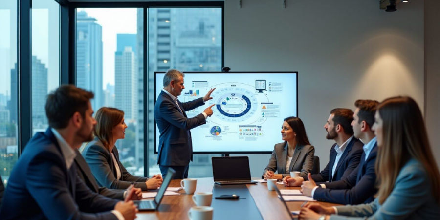 Consultant presenting a technology roadmap to a client team in a boardroom, representing IT sector hiring
