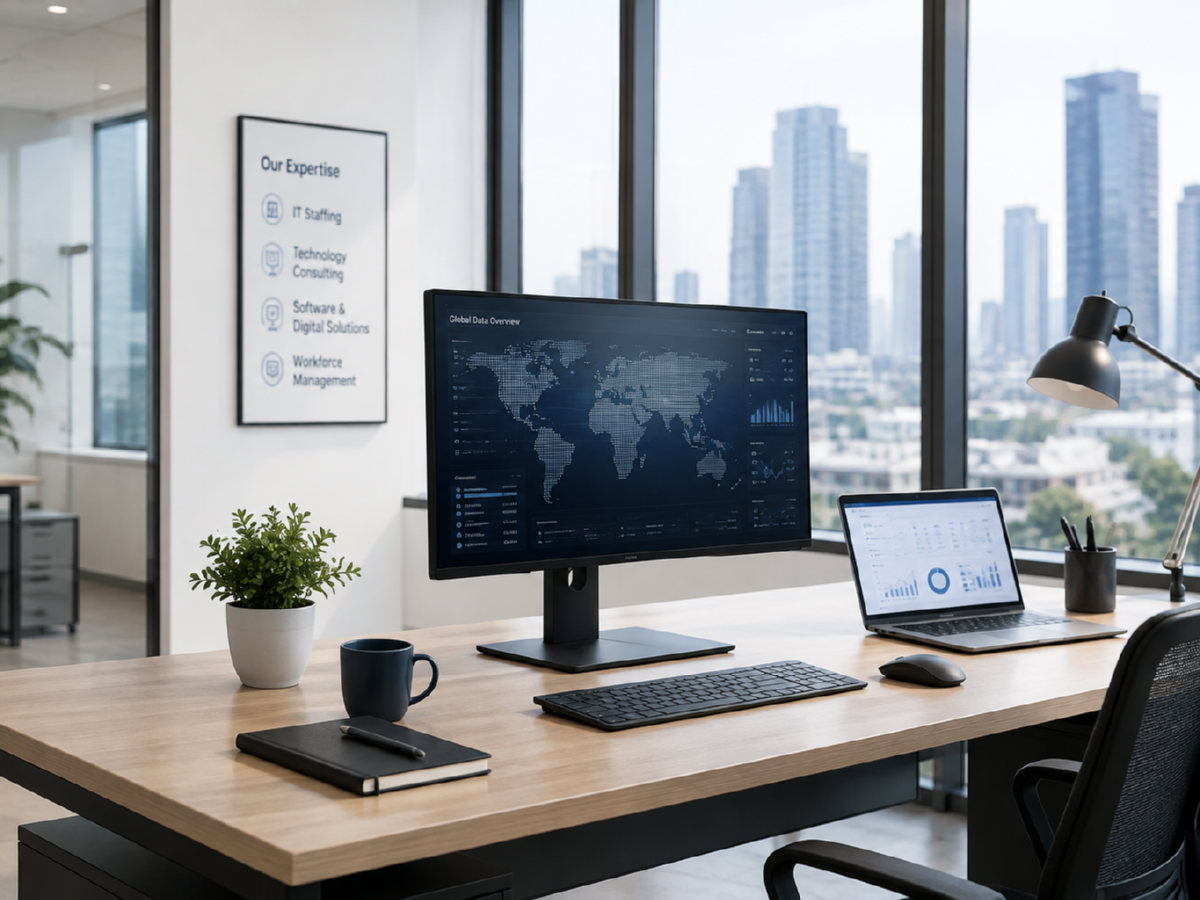 IT consulting workspace with a project dashboard on screen and a city skyline beyond