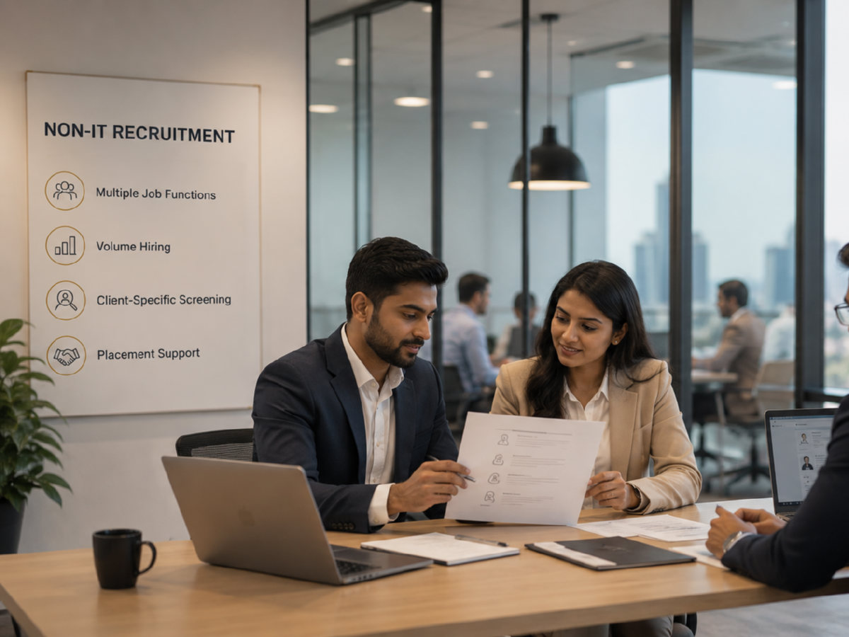 Two recruitment consultants reviewing a candidate CV together in a meeting room