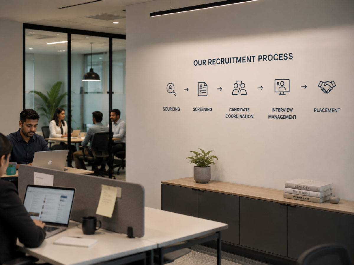 Recruitment team at work beside a wall chart of the hiring process from sourcing through to placement